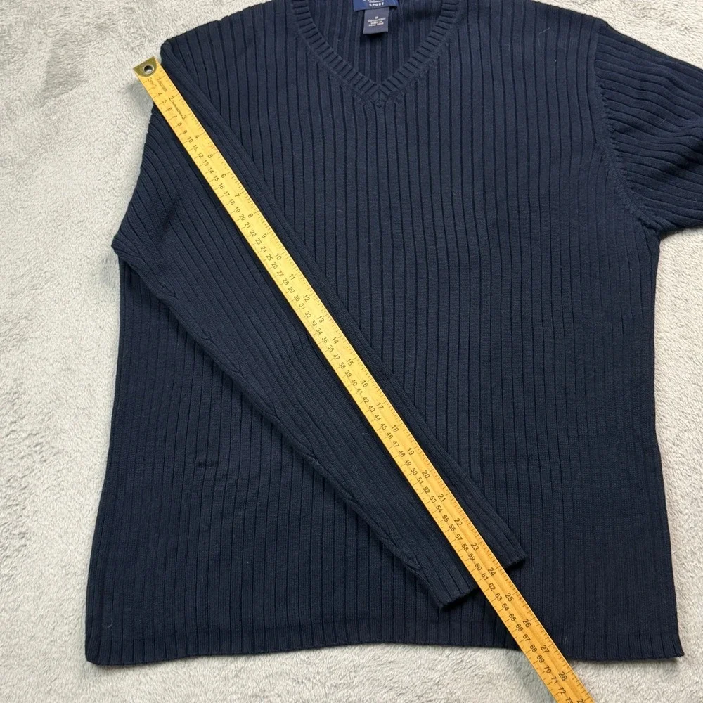 Brooks Sport Mens Navy Blue Ribbed V-Neck Cotton Sweater Size Med Long Sleeve